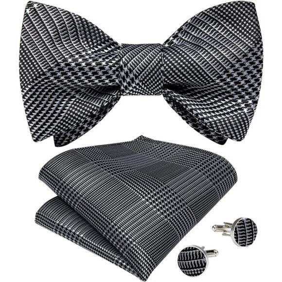 Men Bow Tie Paisley Striped Black Silver Houndstooth - Picture 1 of 6
